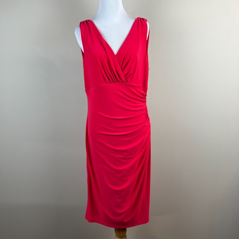 Ralph Lauren Dress Womens 14 Pink Sheath Ruched V-Neck Sleeveless Cocktail Party